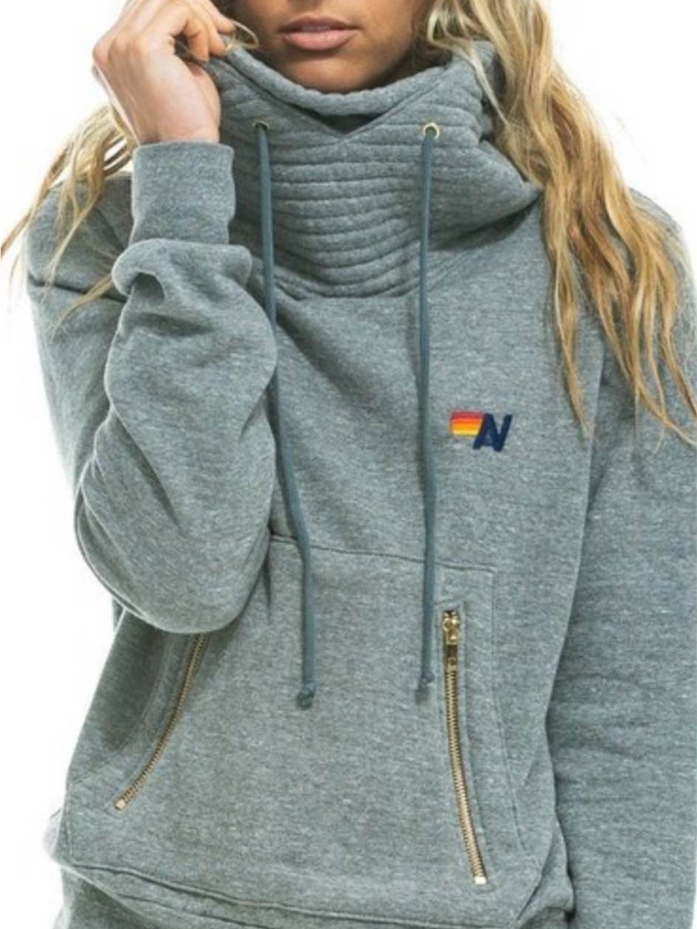 Aviator Nation Heather Gray Quilted Funnel-Neck Pullover with Drawcords